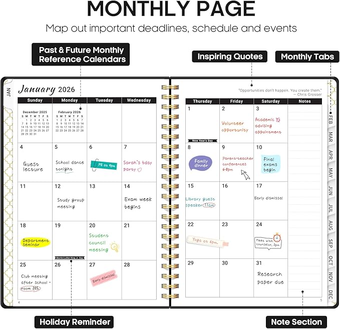 2026 Planner, Weekly and Monthly Calendar Planner, January 2026 - December 2026, Hardcover 2026 Calendar Planner Book with Tabs For Women & Men, Inner Pocket, Spiral Bound, Perfect for Office Home School Supplies - A4 (8.5" x 11"), Black