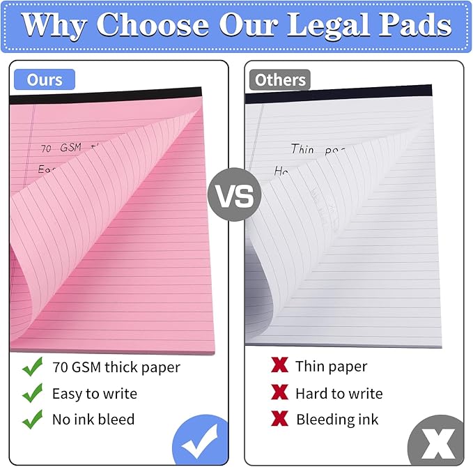 WINKIO Colored Legal Pads, 3 Pack Writing Pads 8.5 x 11 inch, Micro Perforated Notebooks with Sturdy Back, Wide Ruled, 30 Sheets Per Writing Pad for School, College, Office, Professional (Pink)