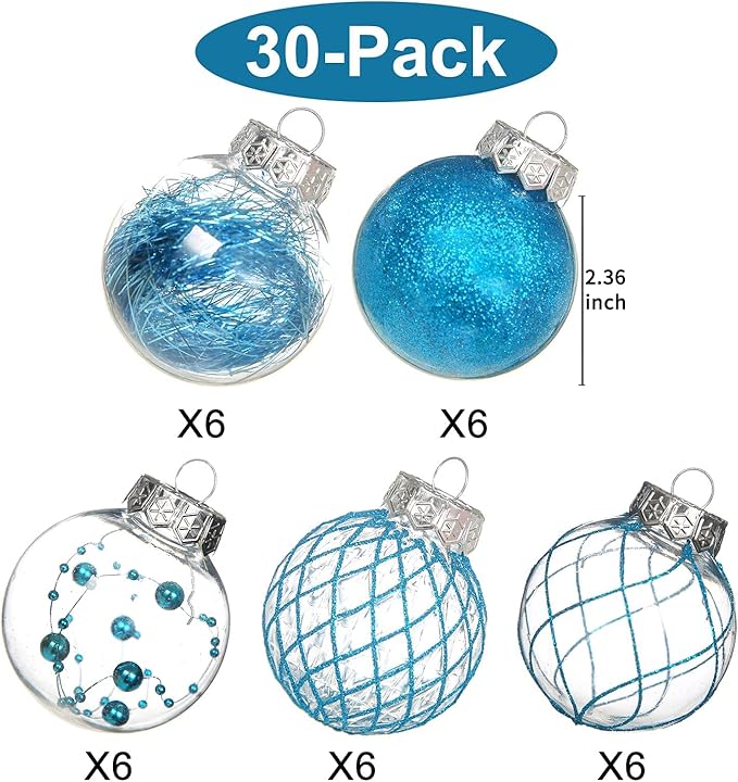 30 pcs 2.36 Inch Light Blue Clear Christmas Ball Ornaments Set Shatterproof Ball Decorations for Xmas Tree Delicate Stuffed Xmas Ornaments for Holiday Wedding Party Gift for Christmas Decor