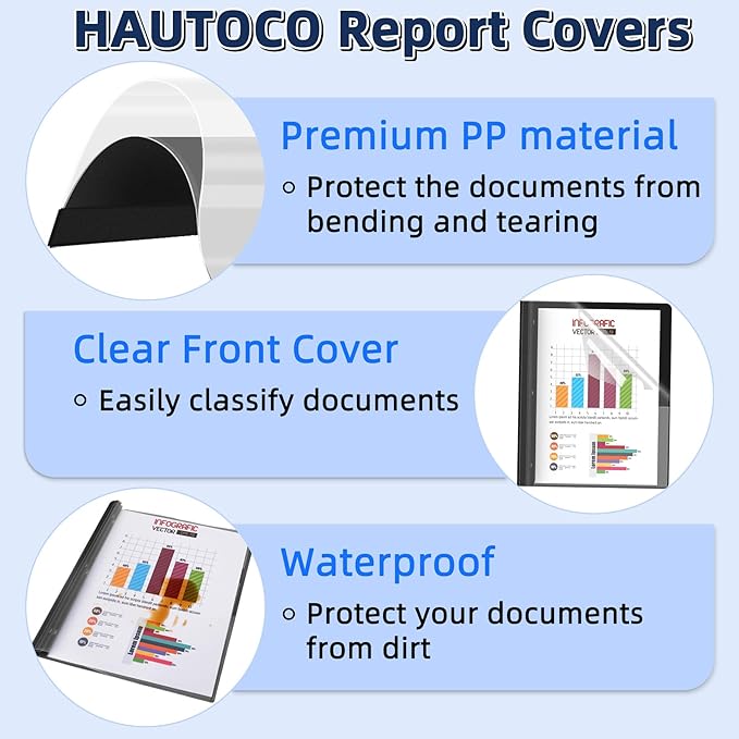 HAUTOCO 12 Pack Plastic Report Covers with 3-Prong Fasteners Clear Front Resume Portfolio Folder for 8.5x11 Letter Size Paper, Presentation Document Report Folders for Office School Use, Black