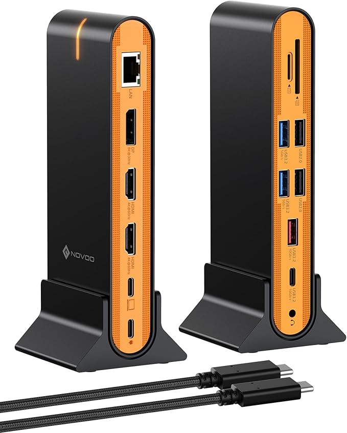 NOVOO 15-in-1 Vertical/Horizontal USB C Docking Station Triple Monitor – 8K@30Hz DP, Dual 4K@60Hz HDMI, 10Gbps USB-A/C, SD/TF, 1Gbps Ethernet,Dual Monitor Adapter Dock for MacBook, Windows Laptops