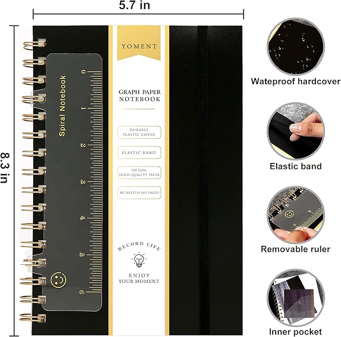 Yoment Graph Paper Spiral Notebook A5 Graphing Notebook 160 Pages Graph Paper Notebook Spiral Bound Waterproof Plastic Hardcover Spiral Journal 5x7 Grid Notebooks for Note Taking,Black