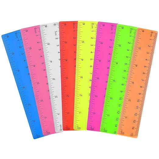Clear Plastic Straight Ruler, 6 Inch, Bulk Assorted Colors, Shatterproof with Inches and Centimeters for School, Home, or Office (8 Pack)