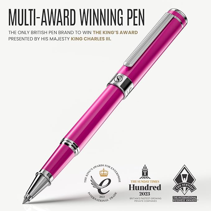 Scriveiner Fuchsia Rollerball Pen - Stunning Luxury Pen With Chrome Finish, Schmidt Ink Refill, Best Roller Ball Gift Set for Men & Women, Professional, Executive Office, Nice Pens