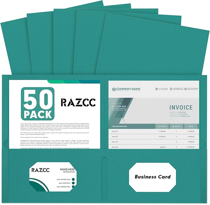 Two Pocket Folders, RAZCC 50 Pack 2 Pocket Folders Fit Letter Size Paper, Paper Folders with Pockets for School Office Business Home, Turquoise