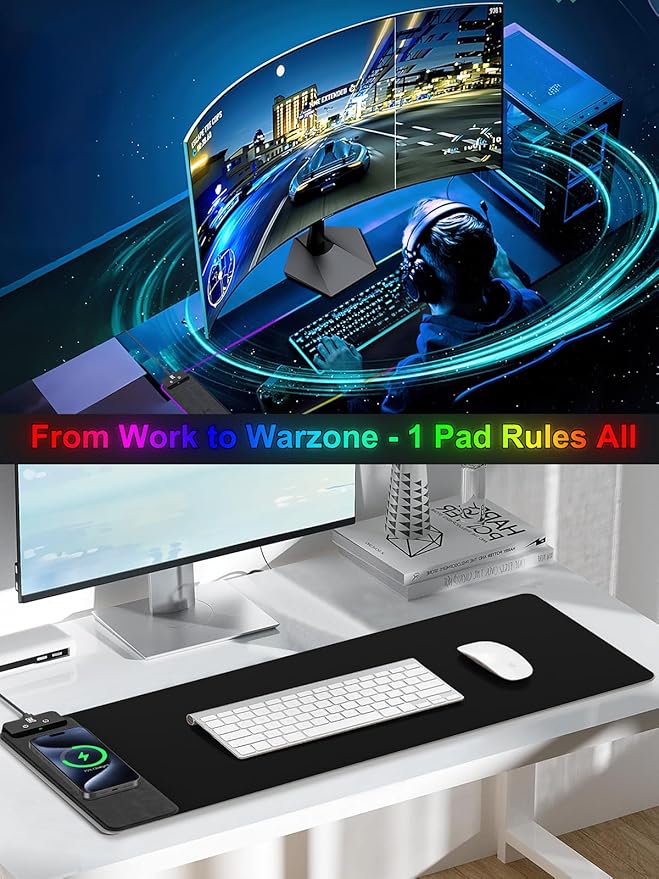 RGB Gaming Mouse Pad with Fast Wireless Charger, LED Extended Desk Mat, Home Office Large Desk Pad with Ultra-Smooth Surface, Non-Slip Base, Waterproof Keyboard Pad (Black)