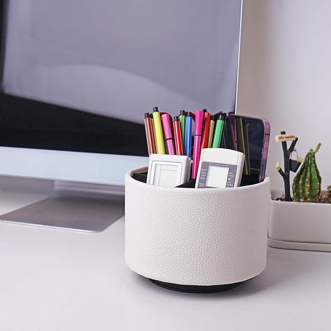 Hennaja Round Leather Art Supply Organizer,Remote Control Holder,360 Degree Spinning,Multi-Functional Pencil Holder,4 Compartments Desktop Stationary Organizer(1-Lichee White)