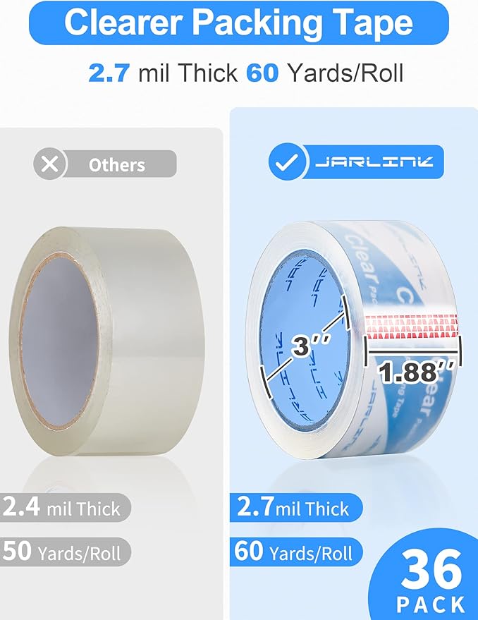 JARLINK Clearer Packing Tape 36 Rolls, Heavy Duty Packaging Tape for Shipping Packaging Moving Sealing, 2.7mil Thick, 1.88 inches Wide, 60 Yards Per Roll, 2160 Total Yards