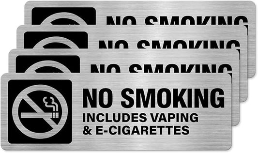 No Smoking No Vaping E-Cigarettes Sign Aluminum Silver 9 x 3 Inches Self-Adhesive Waterproof Metal Door Wall Sign for Business Houses 4 Pack