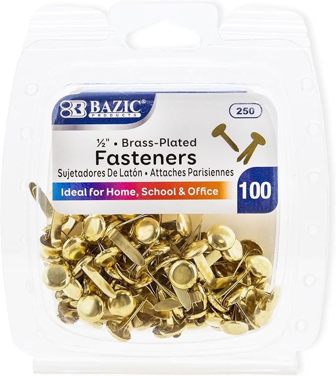BAZIC Products Brass Plated Fasteners 1/2 Inch, Round Head Paper Fastener Brads for Office School Organization Scrapbooking Art and Crafts (100/Pack), 144-Pack