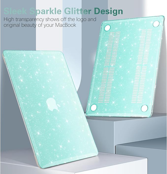 KEROM Green Glitter Case for MacBook Air 13 inch 2022-2018 M1 A2337 A2179 A1932, Glitter MacBook Air M1 Case - Shiny Bling Sparkle Plastic Hard Shell & Keyboard Cover for MacBook Air 13.3 inch