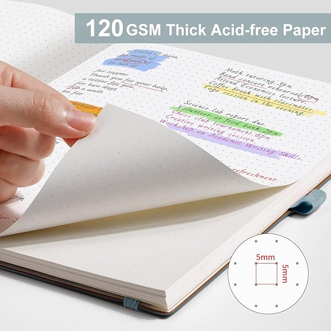 AHGXG Bullet Dotted Journal - Dot Grid Notebook Journal, 120 GSM Thick Acid-Free Paper, Large B5 Dotted Notebook 96 Pages, Leather Softcover, Inner Pocket, Journal Stencil, 7.6'' X 10'' - Gray Blue