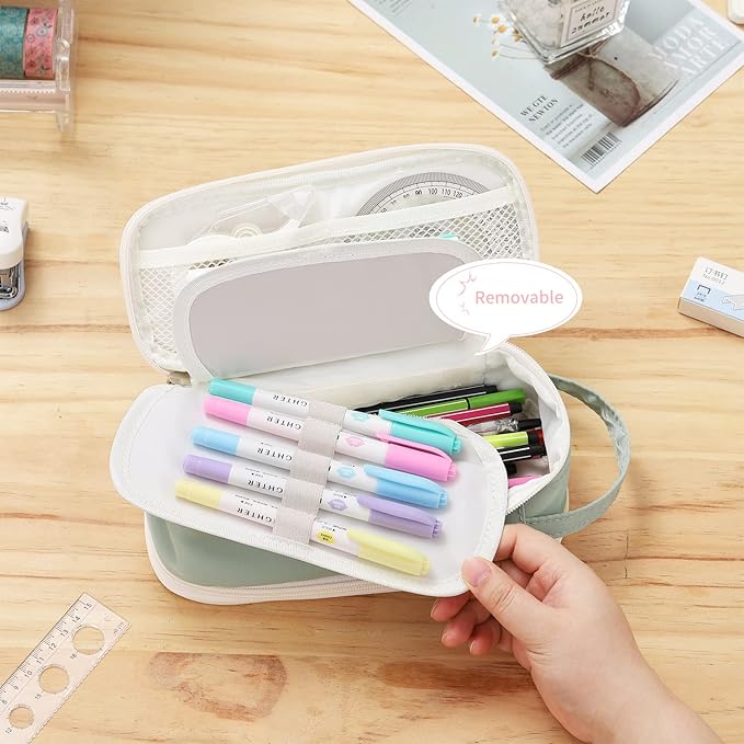 Dugio Big Pencil Case for Girls Teens Kids Zipper Pencil Pouch with Handle Organizer Pencil Bag Aesthetic Pencil Box for School Green