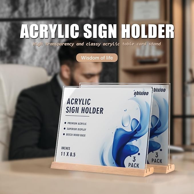 11 x 8.5Horizontal Acrylic Sign Holder with Combined L and T-Shaped Wood Base,High transparency table card stand for Ads, Menu, Picture,Welcome sign or other Flyer(3 packs)