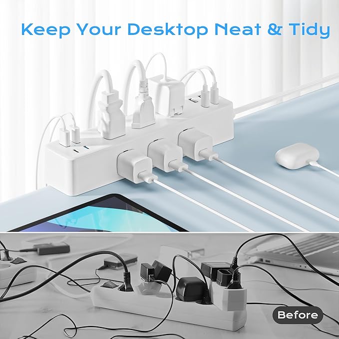 Flat Plug Desk Clamp Power Strip 10FT, 24W Total Charging Station, Desk Edge Mount Power Strip 9 AC Outlets 8 USB Ports Surge Protector, Fit 1.7" Tabletop Edge, Home Office Accessories, White