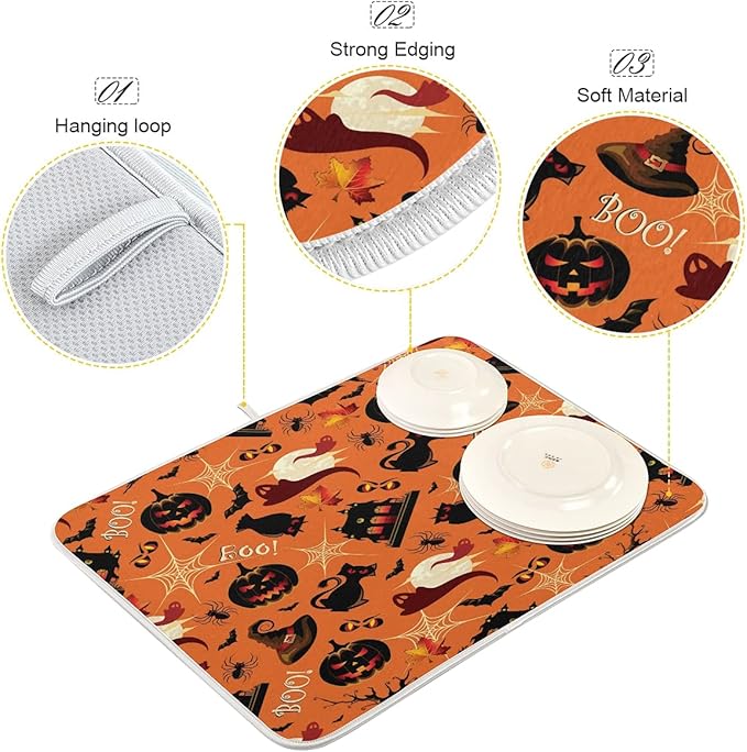 Happy Halloween Pumpkins Spooky Dish Drying Mat for Kitchen Counter 16 x 18 Inch Spider Web Cat Absorbent Microfiber Dry Dishes Mats Drainer Mat Dish Drying Pad for Countertops Decor