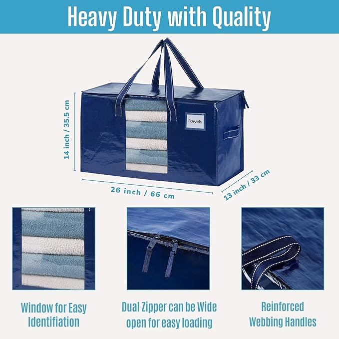 VENO 4 Pack Moving Bags, Comforter and Blanket Storage Bags for Closet, Moving Boxes, Boxes with Lids Alternative, College Dorm Packing Supplies, Foldable Heavy-Duty Tote with Window (Blue, 4 Pack)