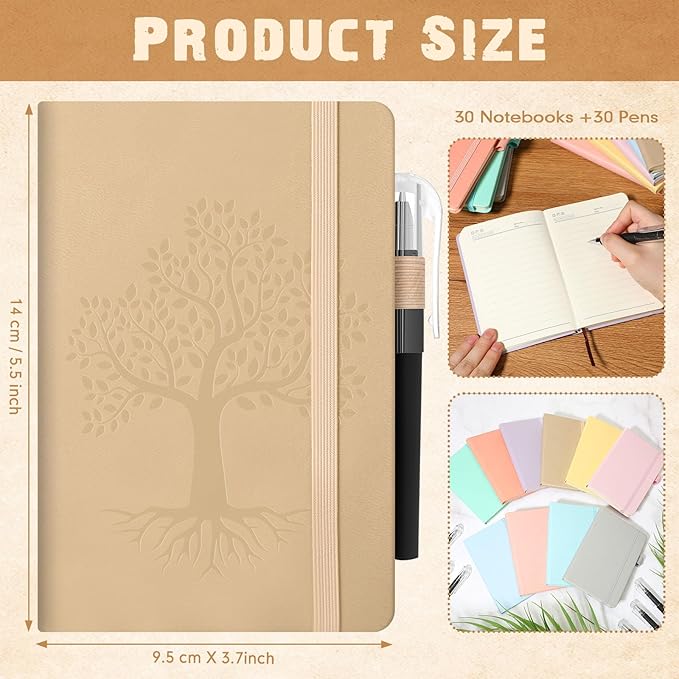 Estune Tree Small Notebooks Pen Leather Lined Pocket Subject Notebooks Hardcover Pocket Notepad Cute Ruled Leather Journals with Pen Holder for Men Women School Business, A6(Elegant Color,30 Set)