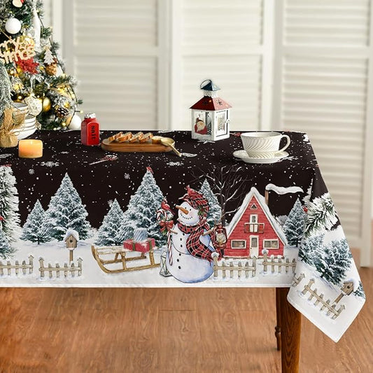Horaldaily Christmas Tablecloth 52×70 Inch Rectangular, Winter Snowman House Christmas Trees Black Washable Table Cover for Party Picnic Dinner Decor