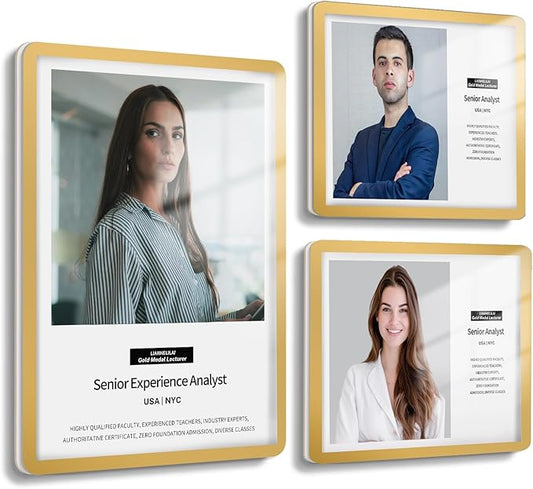 8.5x11 Wall Sign Holder Floating 3 Pack, Self-Adhesive Display Frame for Document/Poster/Paper Office/Store/Wall Mounted for Door/Window Display Holder with Horizontal and Vertical (Gold)