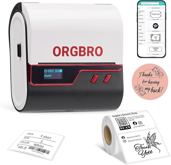ORGBRO Z3 Label Maker Machine with Tape, 3 Inch Bluetooth Thermal Label Printer, Portable Sticker Printer for Small Business, Office, Home Organization, Barcode, Address, Compatible with Phones & PC