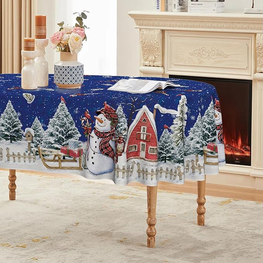Horaldaily Christmas Tablecloth 60×84 Inch Oval, Winter Snowman House Christmas Trees Blue Washable Table Cover for Party Picnic Dinner Decor