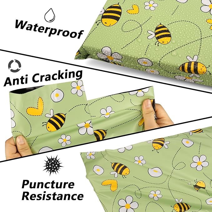 Poly Mailers 10x13 Inch 25 Pcs - Bee printed Shipping Bags, 2.4mil Thickness, Waterproof and Tear Resistant Mailing Envelopes, Self-Sealing Packaging Bags for Small Business