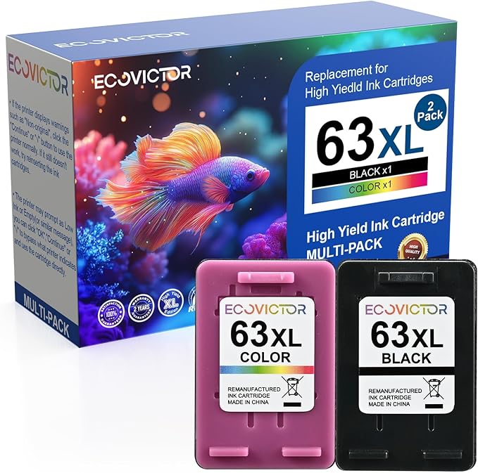 Eco-Friendly Remanufactured Ink Cartridge Replacement for HP 63 63XL HP63 Black and Color Combo 2 Pack for 3830 4650 4652 4655 4520 4512 5255 5258 5252 5200 3833 3630 3632 2132 2130 Printer