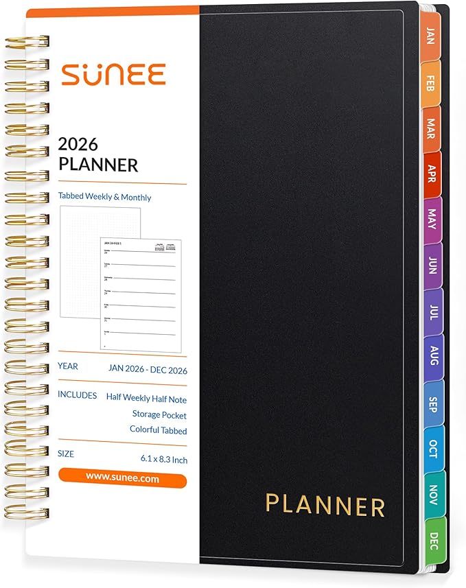 2026 Planner SUNEE Weekly and Monthly Planner - January 2026-December 2026, 6.4" x 8.3" Half Weekly Half Note, Daily 2026 Calendar Planner with PVC Waterproof Cover, Monthly Tab, Note, Bookmark, Black