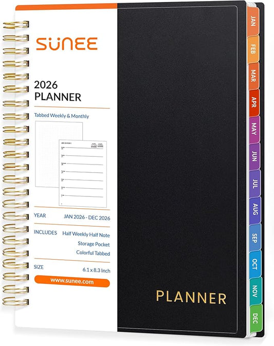 2026 Planner SUNEE Weekly and Monthly Planner - January 2026-December 2026, 8.5"x11" Half Weekly Half Note, Daily 2026 Calendar Planner with PVC Waterproof Cover, Monthly Tab, Note, Bookmark, Black