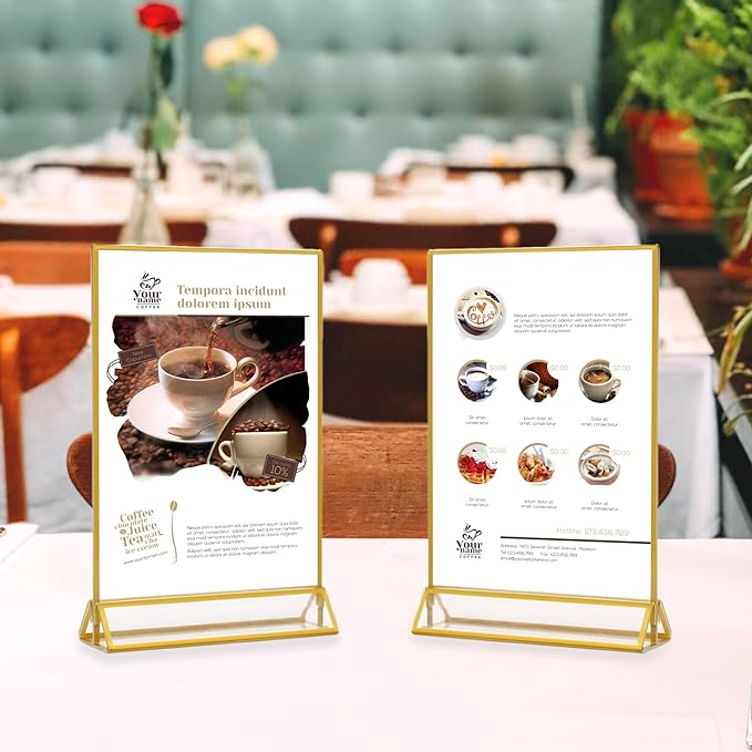 4x6 Acrylic Sign Holders 8 Pack Gold Table Number Holder for Wedding Picture Frame Double Sided Table Menu Stands with Vertical Stand, Photos and Art Display