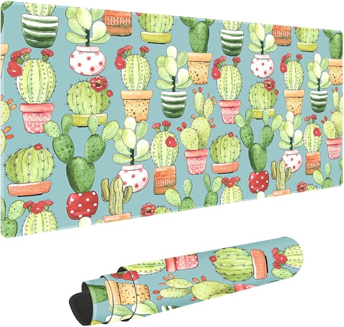 Green Cactus Non-Slip Rubber Large Mouse pad for Desk,Large Gaming Mouse Pad XXL Extended Mouse pad with Stitched Edges Non-Slip Base Water Resist Pad Desk Mat 35.4x15.7inch