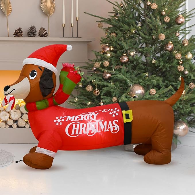 4FT Christmas Inflatable Dog Decoration with Built-in LEDs Christmas Sausage Dog Blow up Indoor Outdoor Garden Yard Lawn Party Patio Decor