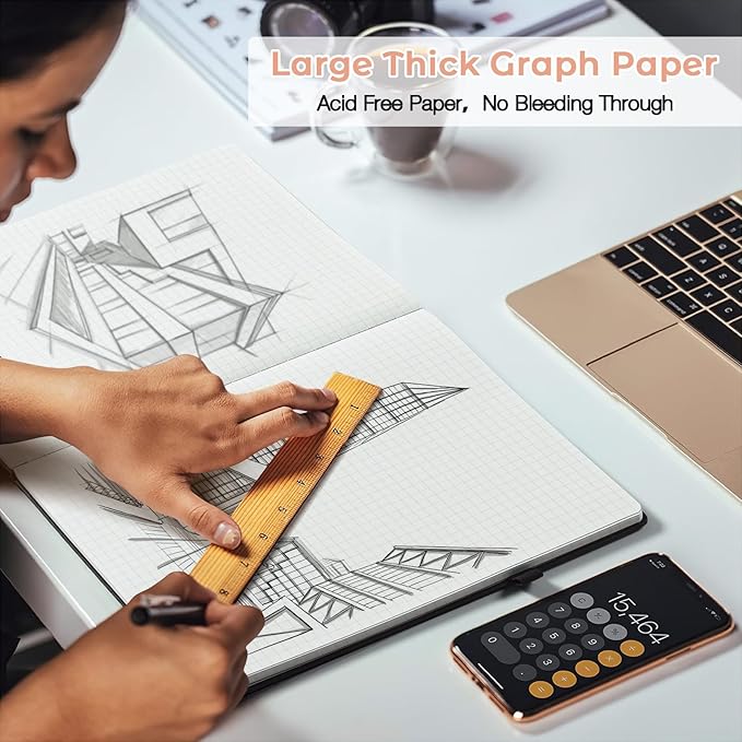 Graph Paper Notebook, Hardcover Notebook 8.5 x 11, Grid Notebook Journal for Women, Men, Large Leather Journals for Writing, Thick Paper, A4 Notebooks for Work, School Supplies, Engineering Pink