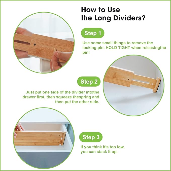 ANTOWIN Bamboo Drawer Dividers, Expandable Drawer Separators Splitter, 17-22 inches Adjustable Spring-loaded Organizer for Large Utensil, Clothes, Tools Drawers, 6 Pack Dividers + 4 Pack Baffle