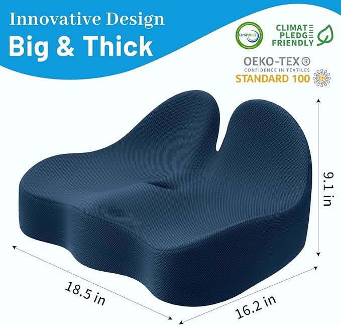 Seat Cushion, Memory Foam Office Chair Cushions, Ergonomic Curved Design for Sciatica, Tailbone, Coccyx, Seat Support for Car, Desk Chair, Wheelchair, Enhances Long Sitting Comfort (Blue)