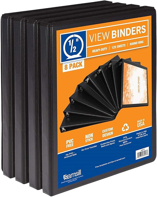 Samsill Durable .5 Inch Binder, Made in the USA, Round Ring Customizable Clear View Binder, Black, 8 Pack (S88410)