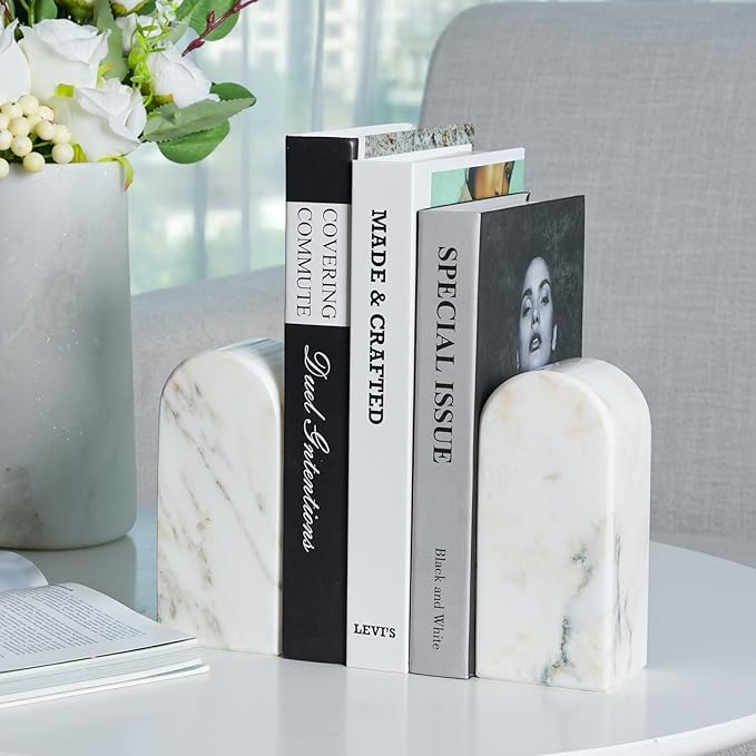 Koville Natural Marble Bookends for Shelves, 7lbs Heavy-Duty Marble Book Holders, Decorative Book Ends, Bookshelf Apartment Decor for Normal Books/CD/Video Games