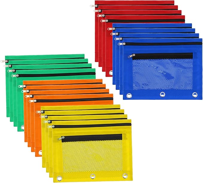 20 Pieces 3 Ring Pencil Pouch Bag Bulk Zipper Pouches for 3 Ring Binder with Clear Window for Pencil Cases Office Supplies(5 Color)