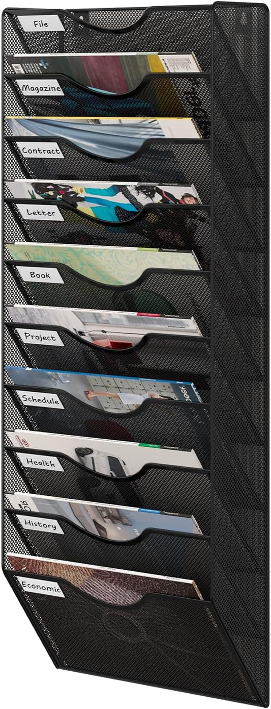 10 Tier Hanging Wall File Holder, Metal A4 Wall Mounted Document Holder, Vertical Hanging Mail Organiser, Magazine Storage Rack with Tray for Office Home Classroom, Black