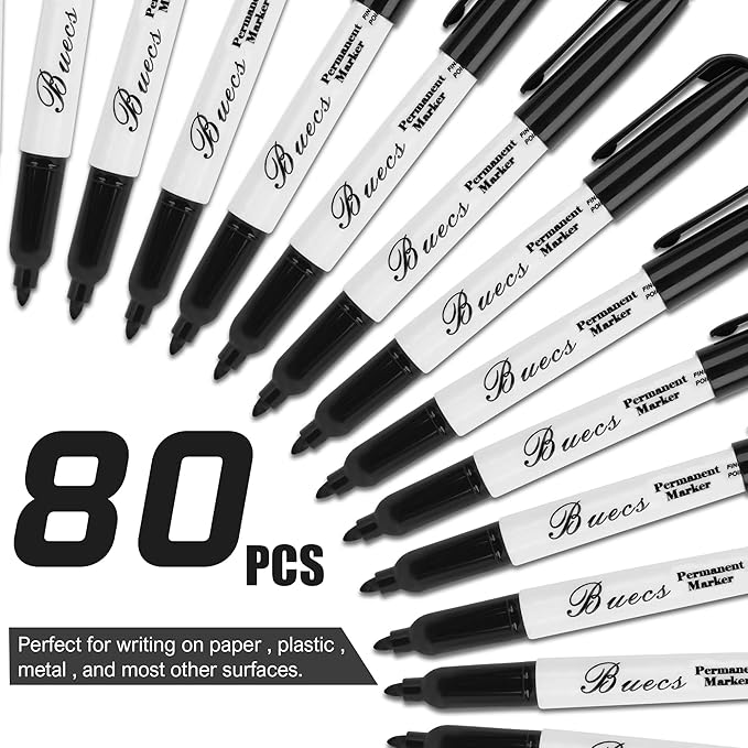 Permanent Markers, 80 Count Black Permanent Markers, Fine Point, Waterproof & Smear Proof Markers, Quick Drying, Office Supplies for School, Office, Home