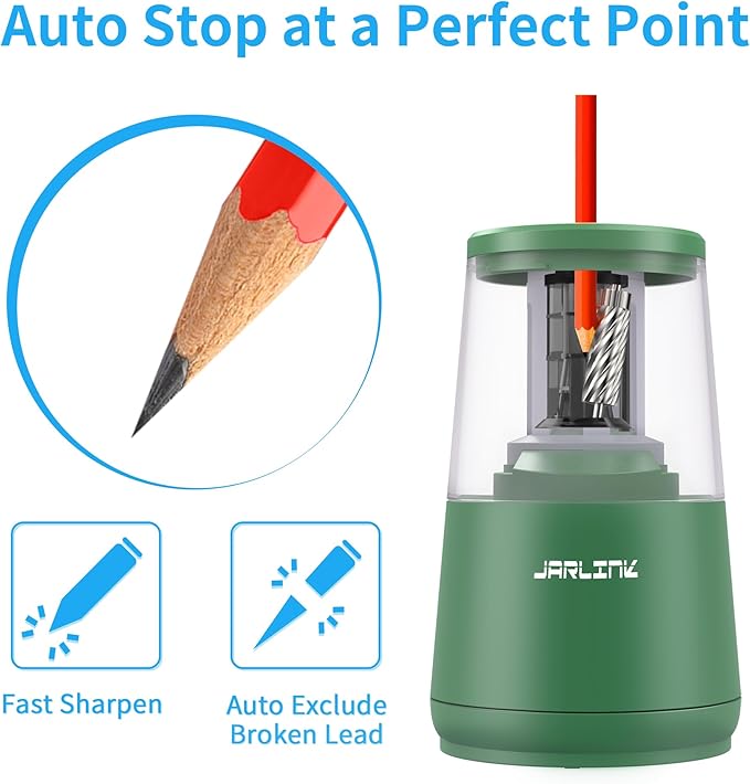 JARLINK Electric Pencil Sharpener, Heavy-Duty Helical Blade to Fast Sharpen, Auto Stop for No.2/Colored Pencils(6-8mm), AC Adapter/Battery Operated in School Classroom/Office/Home (Green)