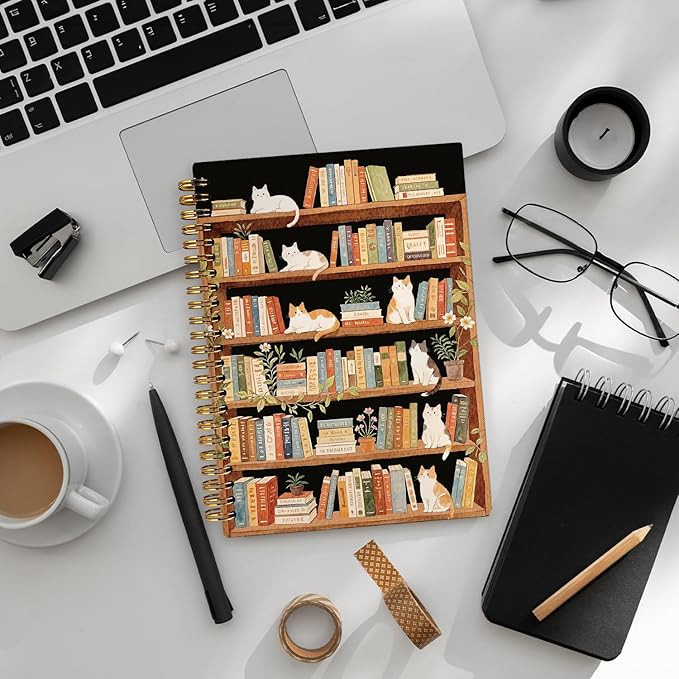 LIANHW Cat Bookshelf Notebook, Books Lover Gifts Notebooks for Note Taking, Reading Journals for Book Lovers, Cute Kitten Bookish Journals for Writing, Book Reader Gifts, 5.5x8.3 Inch