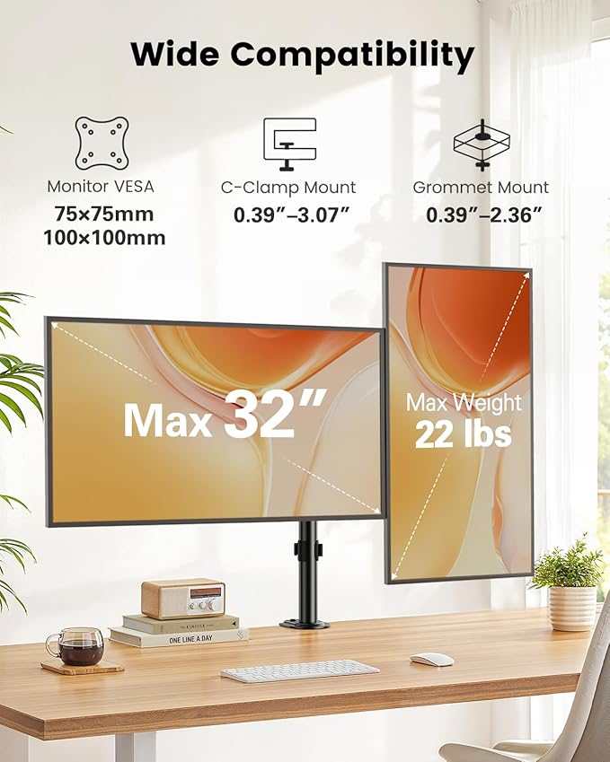 ErGear Dual Monitor Stand, Heavy-Duty Monitor Mount for 17″–32″ Monitors, Flexible Arms with Easy Dual-Monitor Alignment, Sturdy Stepped Arm Design for Superior Support, Supports 22 lbs per Arm