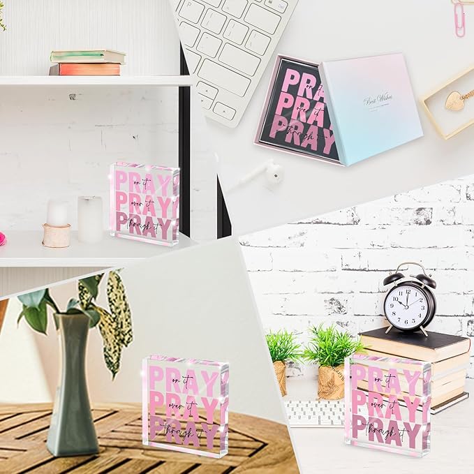 Ideal Christian Gifts for Women - Pray On It,Pray Over It - Bible Verse Desk Art,Pink Inspirational Decor, Pink Dorm Room Decor for Women, Measuring 4 x 4 inches with Gift Box and a Ribbon