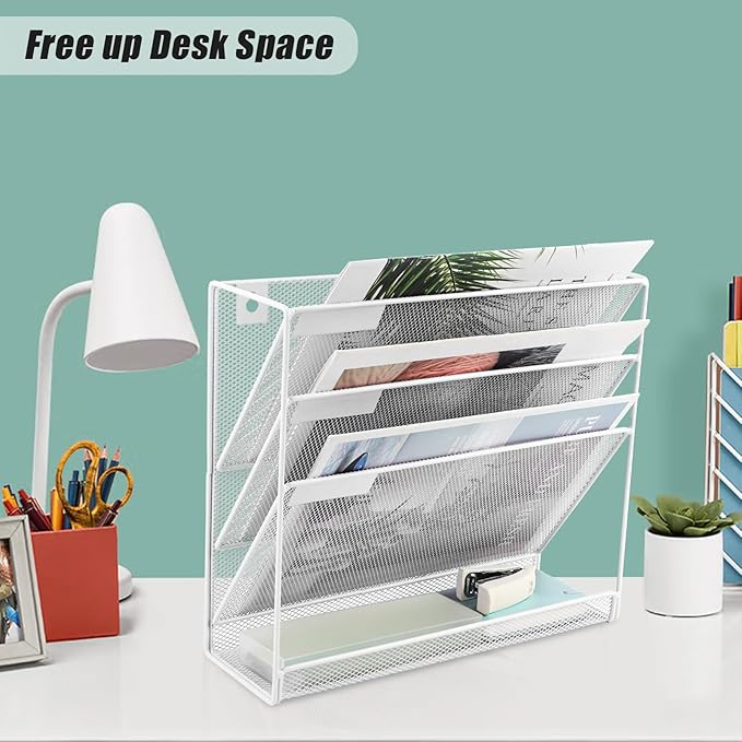 EASEPRES Desk File Organizer Mesh 4-Tier, Hanging Wall Mount Document Organization Stand, Desktop Vertical Mail Paper Folder Holder Rack with Bottom Tray for Office Home Cubicle Countertop, White