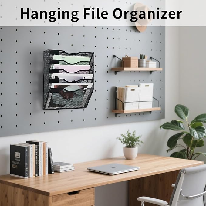 Hanging Wall File Organizer with Office Assorted, 5 Pockets Mesh Wall Mounted File Folder Holder for Mail, Paper, Document, Binder, Magazine, Menu (Black)