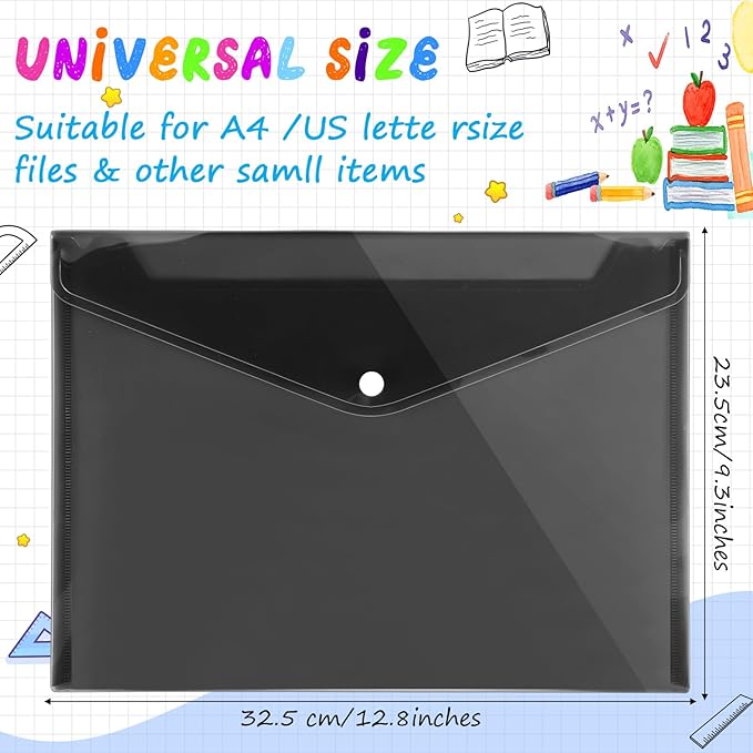 100 Pcs Clear Envelopes with Snap Button Closure Bulk A4 Letter Size Clear Plastic Envelope Folder Document Organizer File Folders for Office Home(Black)