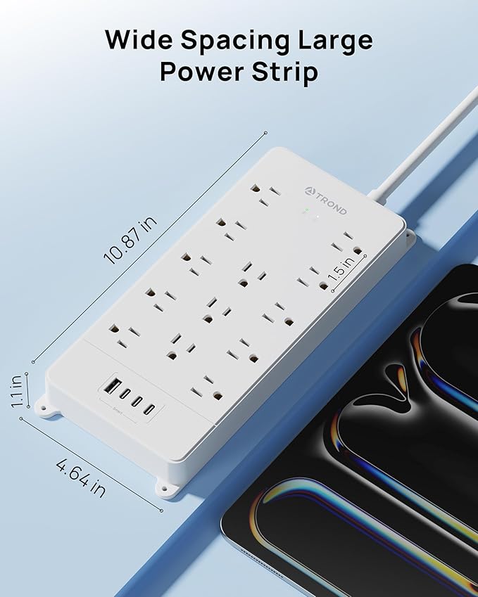 TROND 360° Rotating Flat Plug, Surge Protector Power Strip, 13AC Widely Spaced Outlets Expansion with 3 USB C Ports, 4000J, 15ft Extension Cord Heavy Duty, Wall Mount, Under Desk, ETL Listed, White