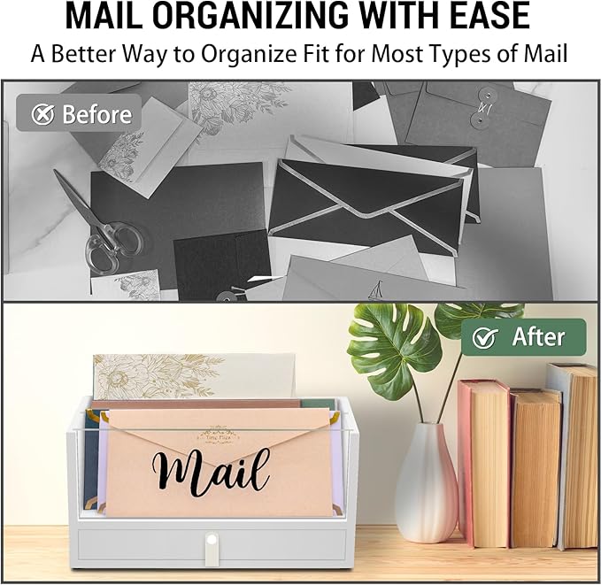 Two-Layer Solid Wooden Mail Storage Organizer Holder with Clear Acrylic Top and Bottom Drawer, Leather Handle, Keeping Mail, Bills, Letters, Cards and Office Supplies in One Place, Home Decor Gifts